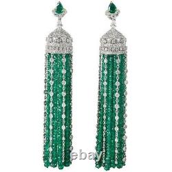 Long Tassel Earrings Vintage Style Handmade 925 Sterling Silver Green Party bead
