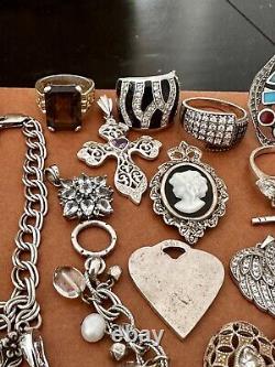 Lot of 32 Vintage Sterling Silver 925 Gemstone Rings Necklace Jewelry 260 Grams
