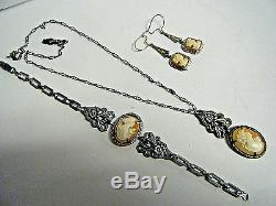 Lovely Vtg Victorian Shell Cameo Sterling Parure Set Necklace Bracelet Earrings