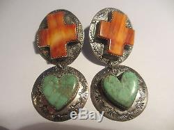MAGNIFICENT HUGE VINTAGE NAVAJO STERLING-TURQUOISE&SPINEY OYSTER EARRINGS-RODEO