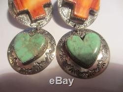 MAGNIFICENT HUGE VINTAGE NAVAJO STERLING-TURQUOISE&SPINEY OYSTER EARRINGS-RODEO