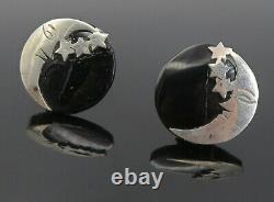 MEXICO 925 Silver Vintage Black Onyx Moon & Stars Non Pierce Earrings EG4337