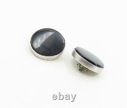 MEXICO 925 Silver Vintage Black Onyx Non Pierce Button Drop Earrings EG4589
