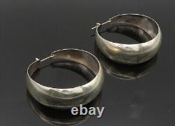 MEXICO 925 Silver Vintage Shiny Smooth Tapered Round Hoop Earrings EG10026