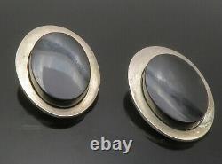 MEXICO 925 Sterling Silver Vintage Black Onyx Oval Non Pierce Earrings- EG6466