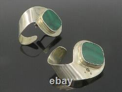 MEXICO 925 Sterling Silver Vintage Malachite Modernist Drop Earrings EG8804