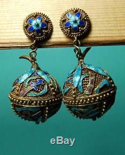 Magnificent Ornate Vtg Chinese Export Sterling Silver Enamel Dangle Earrings