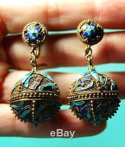 Magnificent Ornate Vtg Chinese Export Sterling Silver Enamel Dangle Earrings
