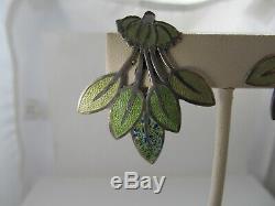 Margot De Taxco Sterling Silver Enamel Large Green Leaf Earrings 5405 Vintage