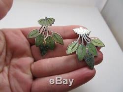 Margot De Taxco Sterling Silver Enamel Large Green Leaf Earrings 5405 Vintage