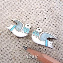 Margot de Taxco Enamel Sterling Silver Dove Earrings Mexican Modern Bird MCM Vtg