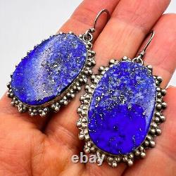 Massive Vintage Jewelry Earrings Sterling Silver 925 Lapis Lazuli Gemstone 15.5g