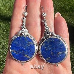 Massive Vintage Jewelry Earrings Sterling Silver 925 Lapis Lazuli Gemstone 18.7g