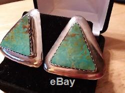 Massive Vintage Navajo High Grade Blue Gem Turquoise Sterling Silver Earrings