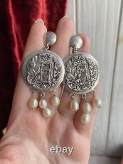Massive Vintage Sterling Silver 800 Woman's Jewelry Earrings Mother of Pearl 27g