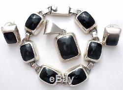 Mexican Sterling Silver Black Onyx Set Bracelet Earrings & Pendant Vintage 925