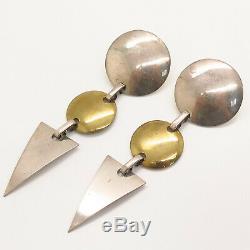 Mexico Vtg 925 Sterling Silver 2 Tone Large Long Geometric Dangle Earrings