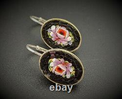 Micro Mosaic Earrings in Sterling Silver, Italy, Grand Tour, Souvenir Jewelry