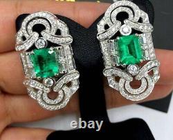 Mid-Century Vintage 7.10TCW Colombian Emerald & Shiny White CZ Stud Fine Earring