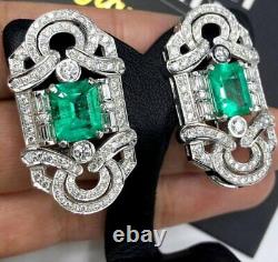 Mid-Century Vintage 7.10TCW Colombian Emerald & Shiny White CZ Stud Fine Earring
