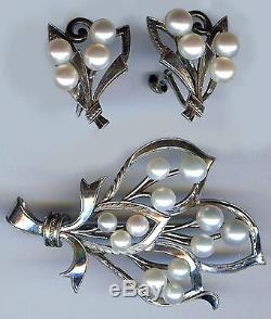 Mikimoto Divine Vintage Sterling Silver Multi Pearl Leaf Pin Earrings Set In Box