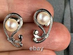 Mikimoto Pearl Sterling Silver Textured Scroll Openwork Paisley Vintage Earrings