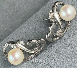 Mikimoto Pearl Sterling Silver Textured Scroll Openwork Paisley Vintage Earrings