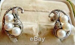 Mikimoto Triple Pearl Sterling Etched Paisley Ribbon Shape Vintage Earrings