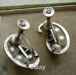 Mikimoto Triple Pearl Sterling Etched Paisley Ribbon Shape Vintage Earrings