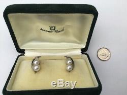 Mikimoto Vintage Sterling Silver Double Pearl Screwback Earrings With Box