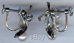 Mikimoto Vintage Sterling Silver Ribbon Bows Three Pearl Screwback Earrings