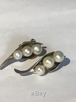 Ming's Vintage Sterling Silver Leaves & Pearls Clip On Earrings