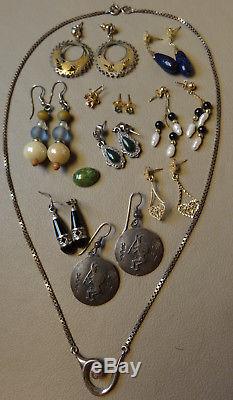 Mixed Vintage Jewelry Lot Scrap 14k Gold 925 Sterling Silver Earrings, Necklace