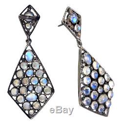 Moonstone Dangle Earrings 925 Sterling Silver Pave Diamond Vintage Style Jewelry