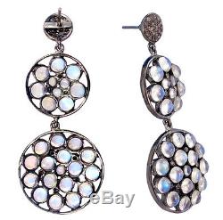 Moonstone Pave Diamond Dangle Earrings Vintage Style 925 Sterling Silver Jewelry
