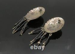NAVAJO 925 Sterling Silver Vintage Cabochon Black Onyx Drop Earrings EG9867