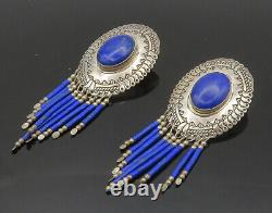 NAVAJO 925 Sterling Silver Vintage Lapis Lazuli Beaded Dangle Earrings- EG8237