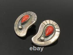 NAVAJO 925 Sterling Silver Vintage Red Coral Non Pierce Earrings EG11553