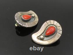 NAVAJO 925 Sterling Silver Vintage Red Coral Non Pierce Earrings EG11553