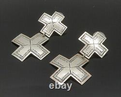 NAVAJO 925 Sterling Silver Vintage Shiny Etched Cross Dangle Earrings- EG10210