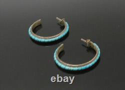 NAVAJO 925 Sterling Silver Vintage Turquoise J-Hoop Earrings EG11076