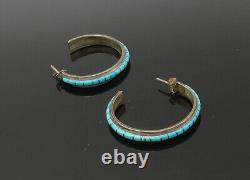 NAVAJO 925 Sterling Silver Vintage Turquoise J-Hoop Earrings EG11076