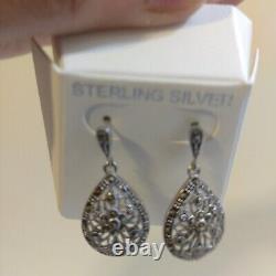 NEW Vintage Sterling Silver Marcasite Drop Post Earrings