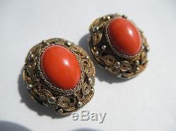 NR Antique Vtg Chinese Salmon Coral Filigree Gilt Sterling Silver Earrings Clip