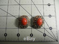 NR Antique Vtg Chinese Salmon Coral Filigree Gilt Sterling Silver Earrings Clip