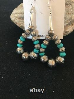 Native American Sterling Silver Stamped Navajo Pearls Turquoise Bead Earrings