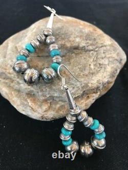 Native American Sterling Silver Stamped Navajo Pearls Turquoise Bead Earrings