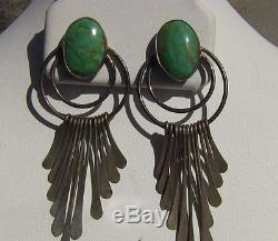 Native American Vtg. Pilot Mountain Stone & Sterling Silver Long Dangle Earrings