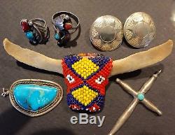 Native american lot of sterling silver vintage rings, earrings, cross, and bolo
