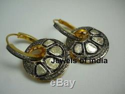 Natural Pave Diamond & Polki Gold & 925 Sterling Silver Earrings Vintage Jewelry